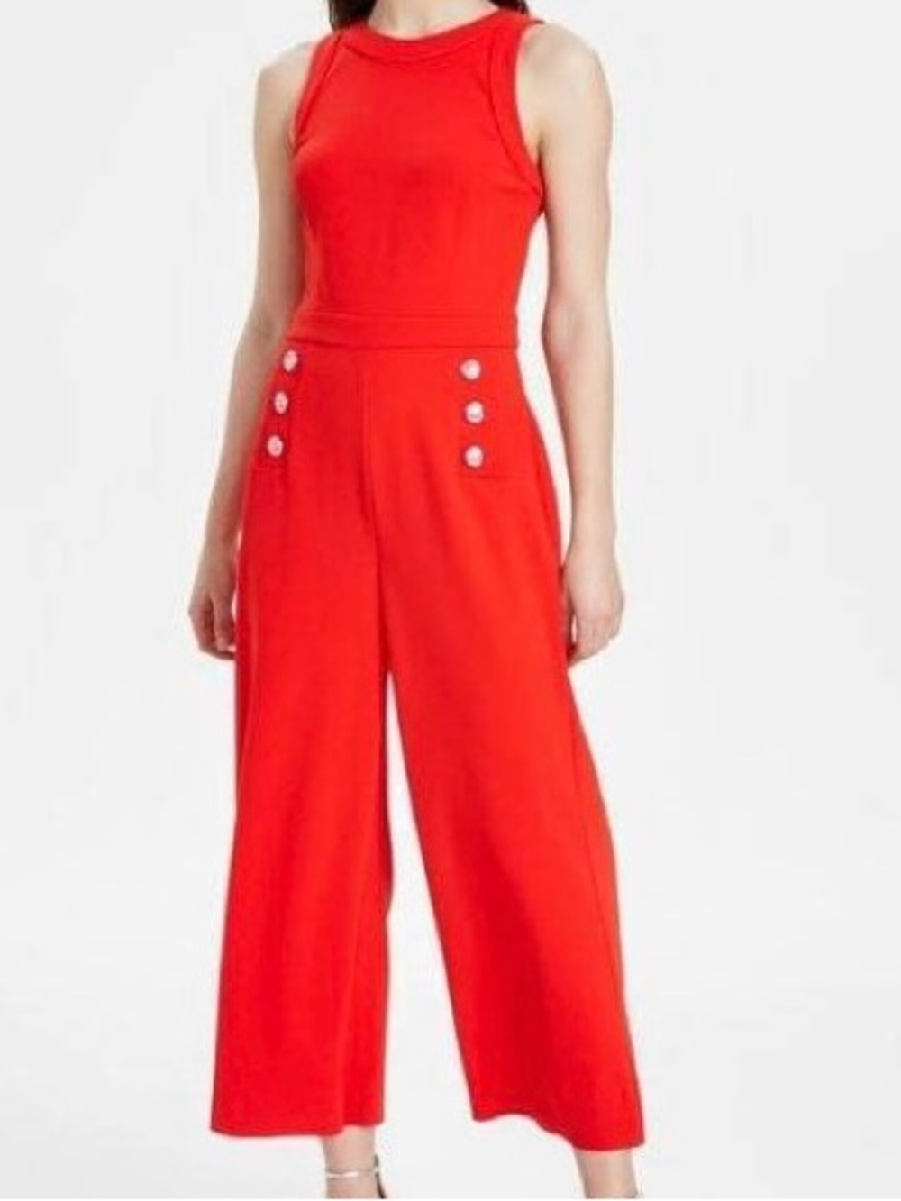 Karl Lagerfeld Red Sleeveless Wide-Leg Jumpsuit with Silver Buttons